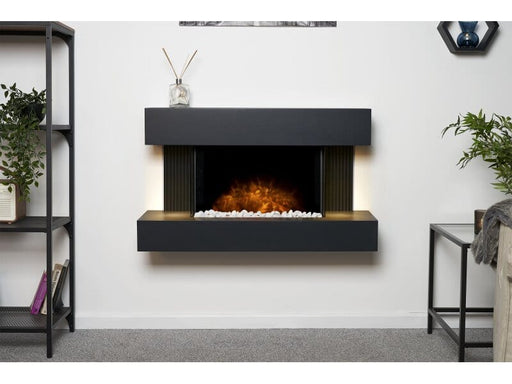 In living room Adam Manola electric fire mounted on wall