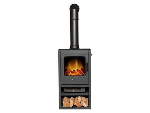 Adam Bergen XL front of stove with tall angled pipe