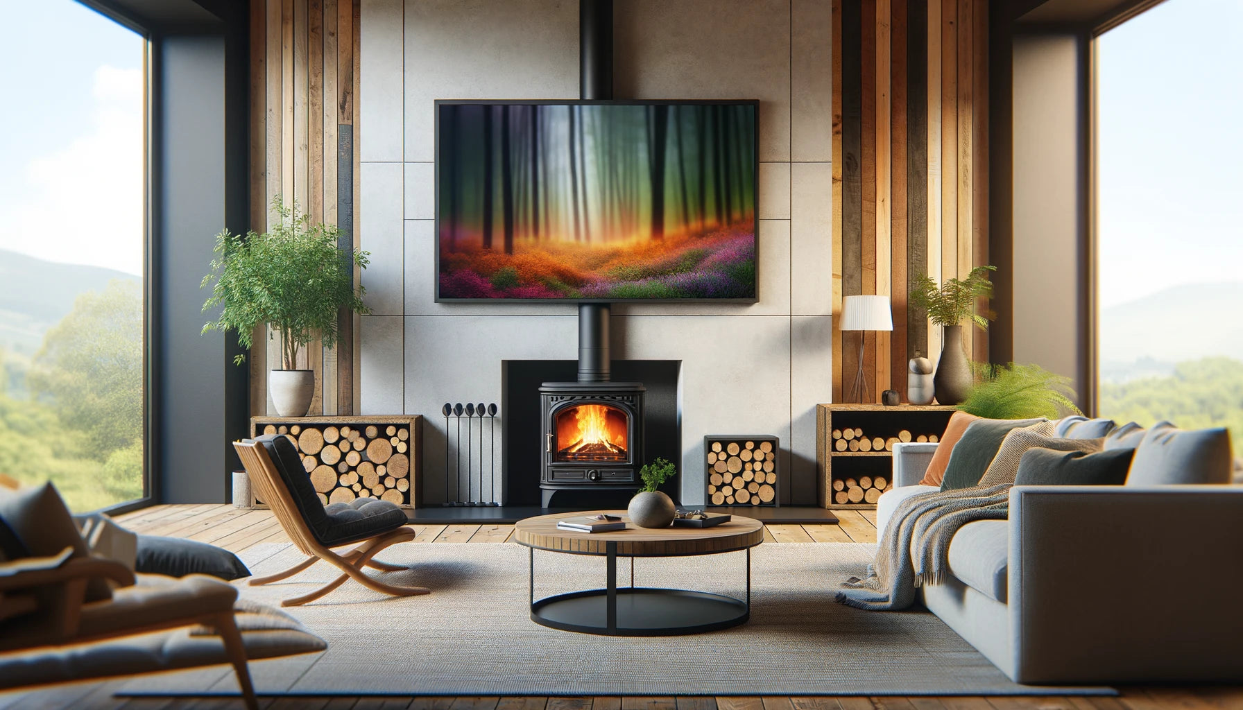 A log burner with flue in a room with 2 windows and a tv above it