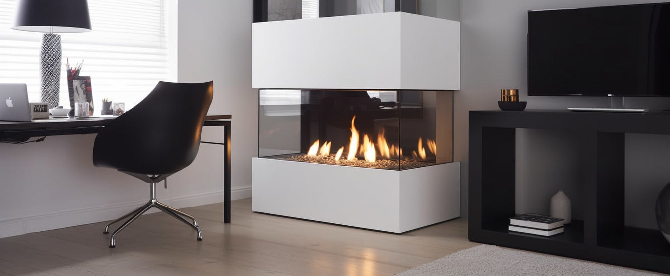 corner fireplace in a modern office with seat nearby, daylight