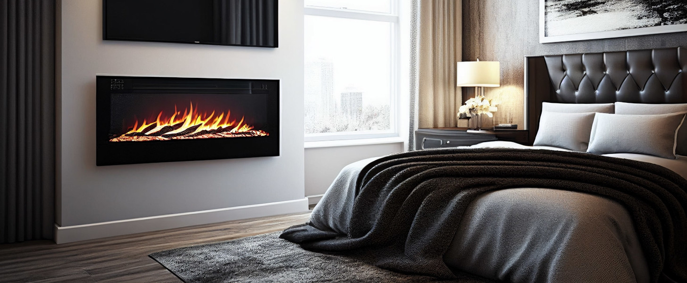 wall mounted fire in a contemporary hotel room with daylight windows