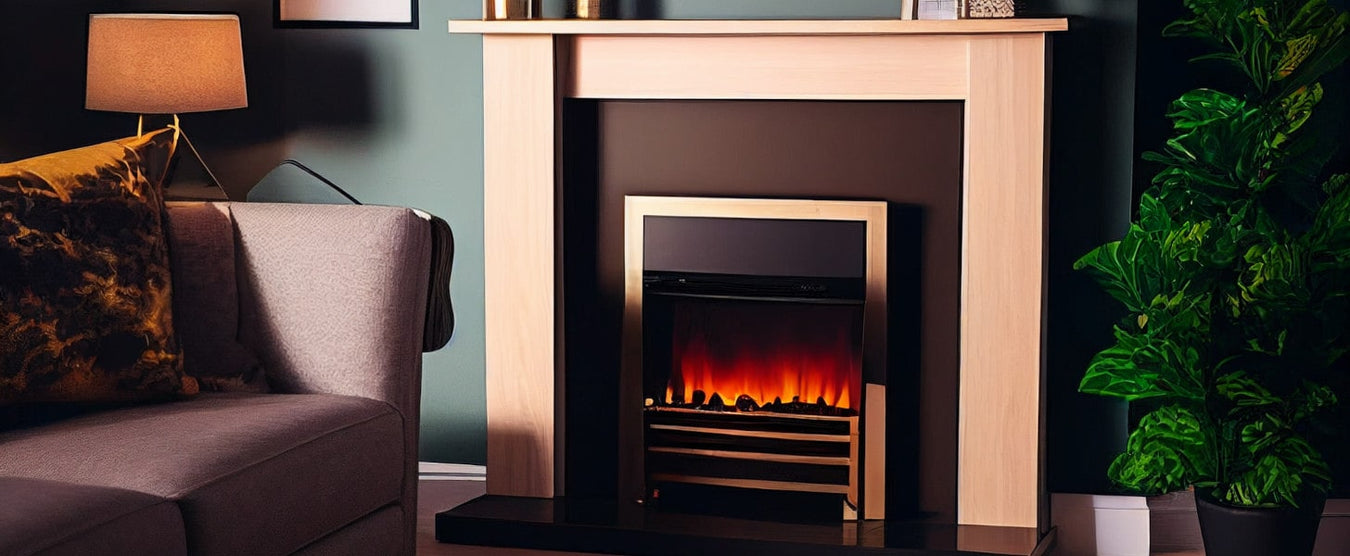 A brass fireplace insert with a wooden surround in a modern lounge