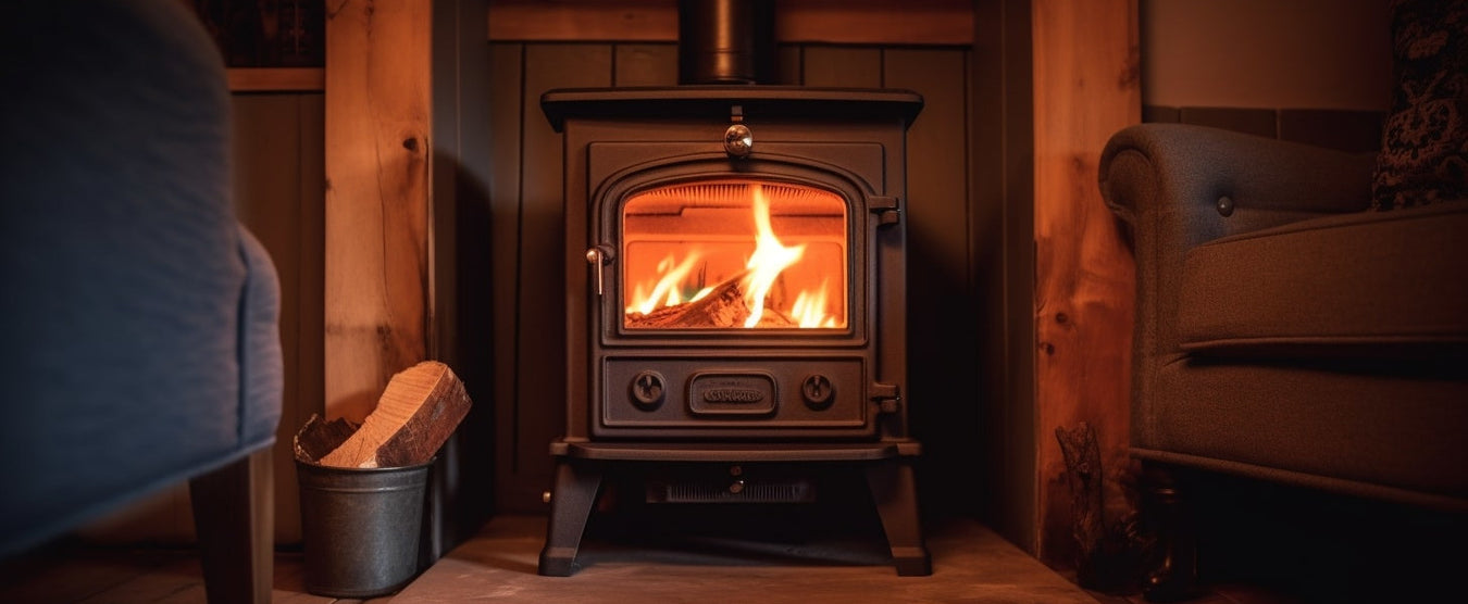 A gas stove log burner effect fire at evening in a cozy living room with warm glow