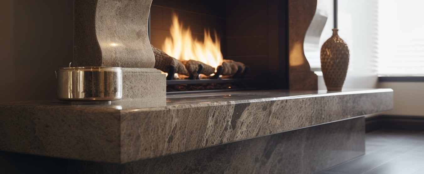 granite hearth as part of a granite fireplace zoomed in