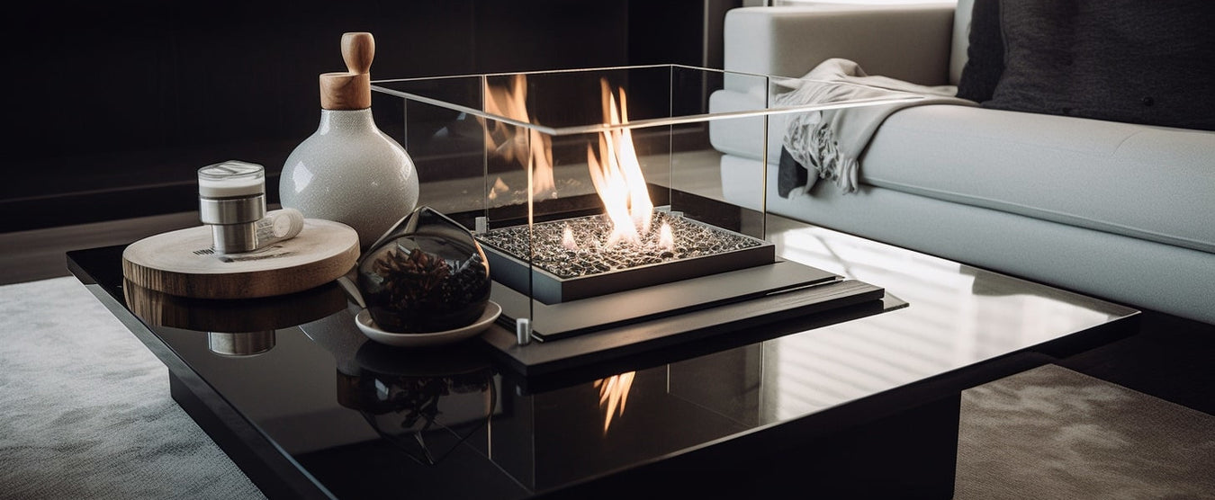 indoor tabletop fire in a modern lounge and table reflection