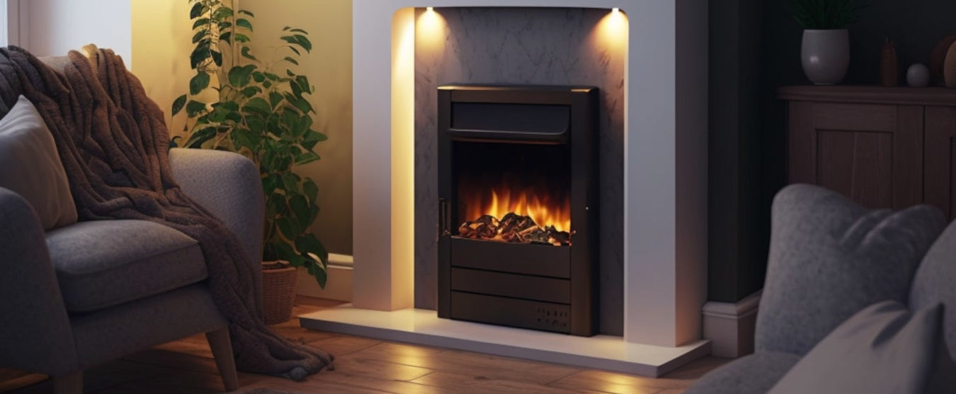 Inset electric fireplace with sofa and downlights