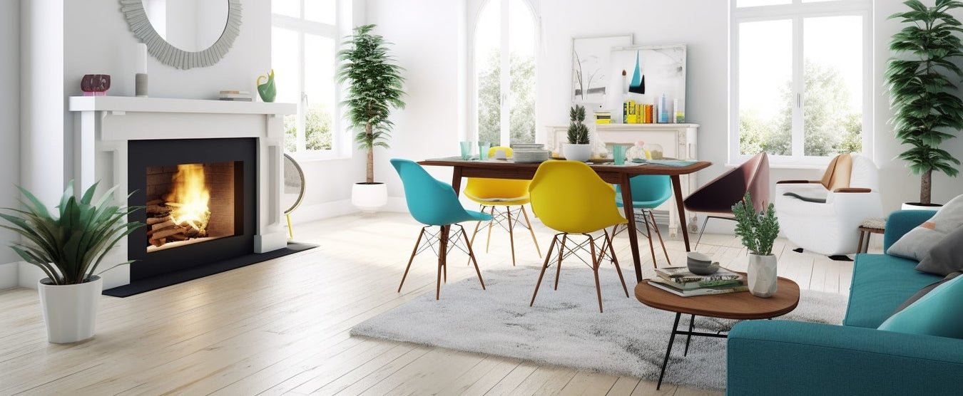 white fireplace in a modern kitchen with blue and yellow furniture