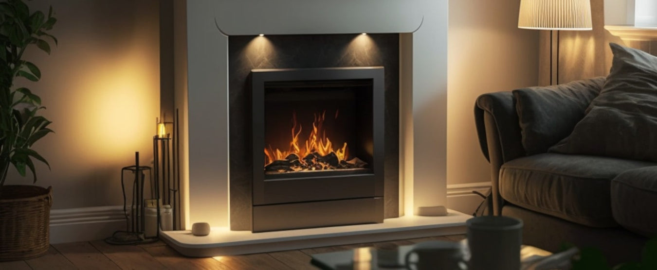 A bioethanol fireplace insert with a white fireplace surround, in a dimly lit room