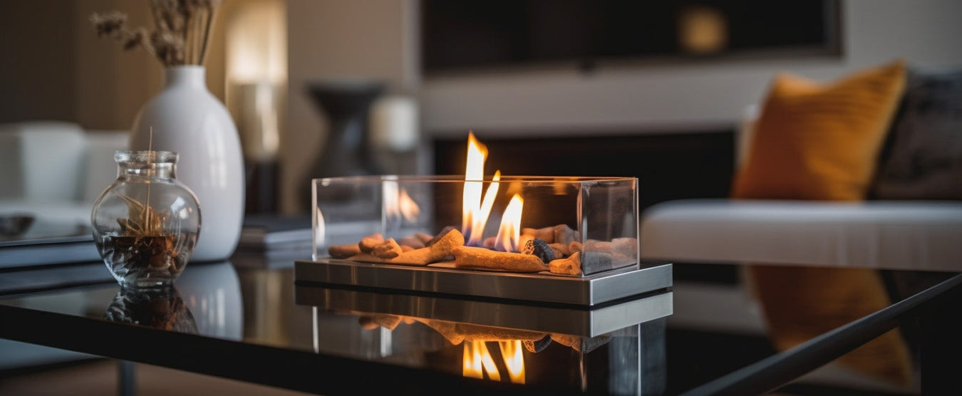 A bioethanol table top fire in a well furnished living area