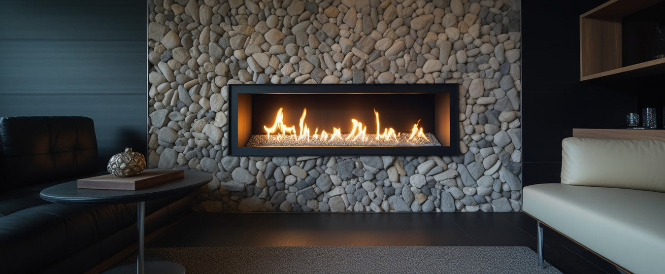 electric fire with pebbles at evening in a lounge room, modern, minimalistic