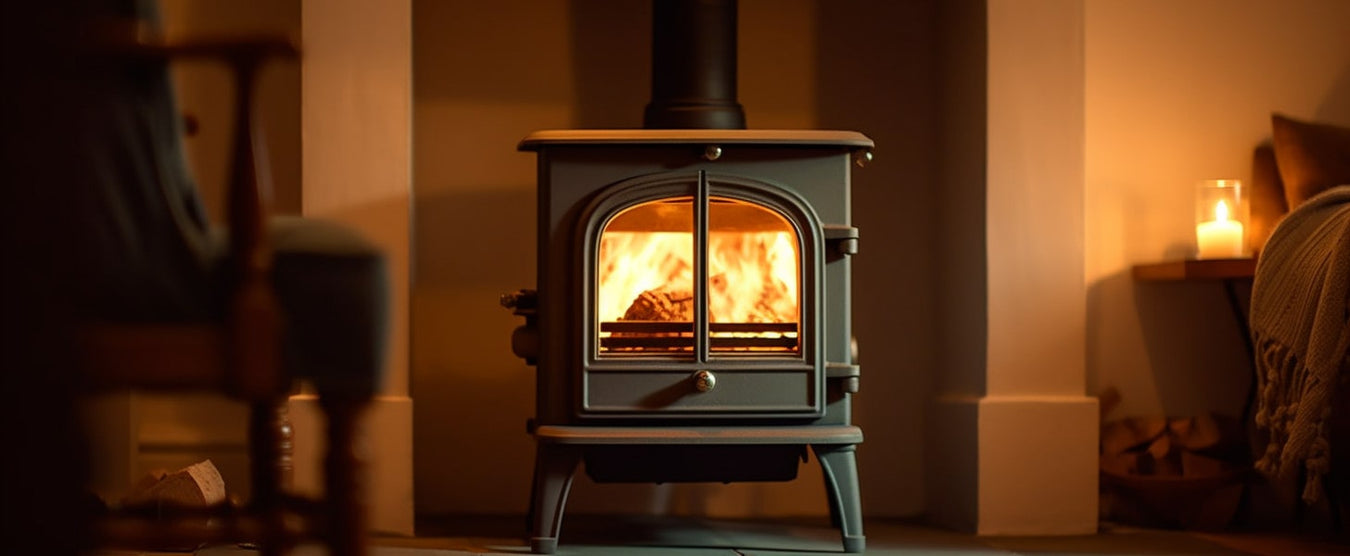 An electric stove suite producing a warm glow in a dim lit living room