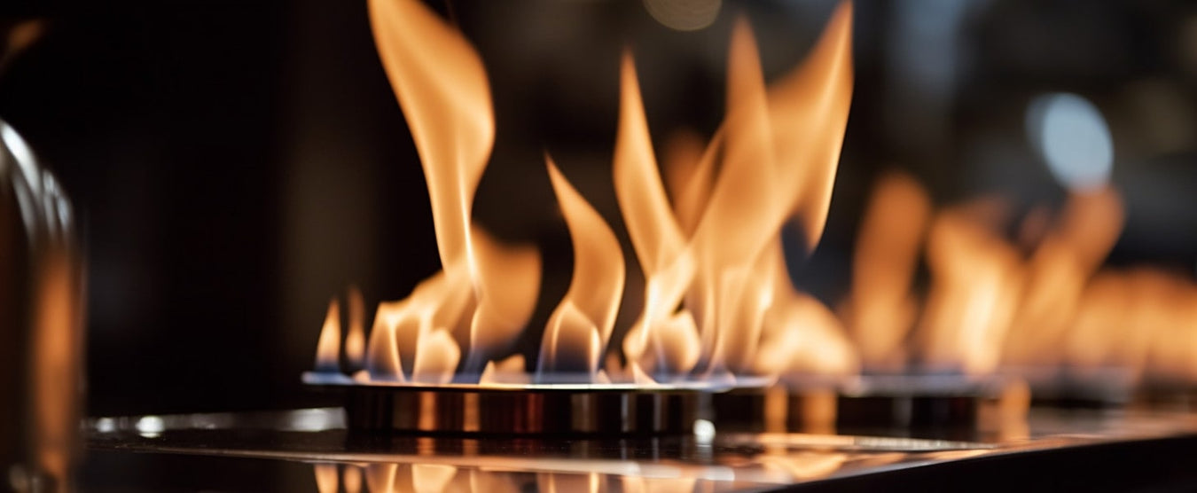 Close up on ethanol burner with flickering flames