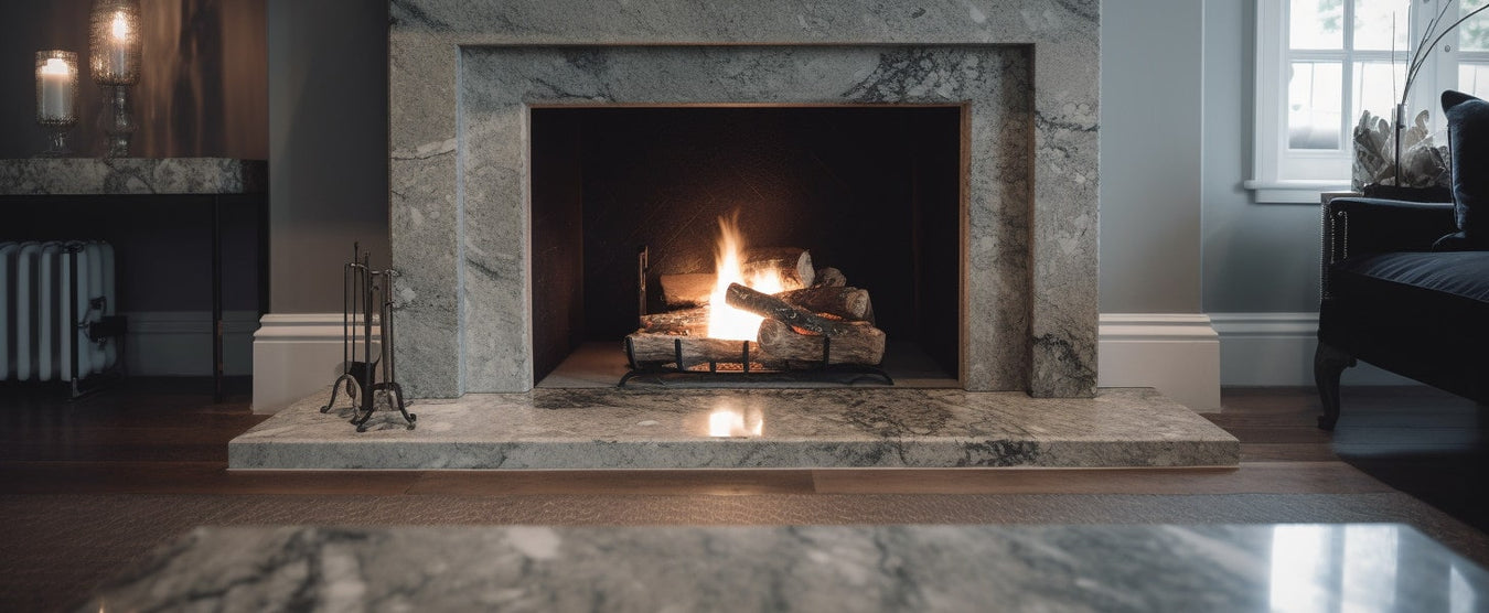 A marble fireplace hearth in a modern but rustic living room