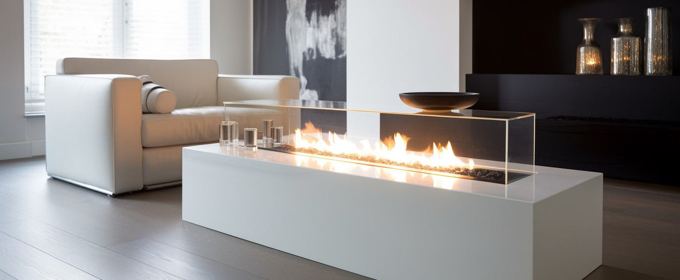 A bioethanol fire that is freestanding in the middle of a well lit modern living room