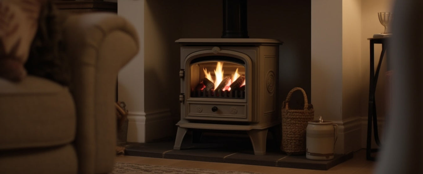 A stove fire in a comfortable lounge in the evening