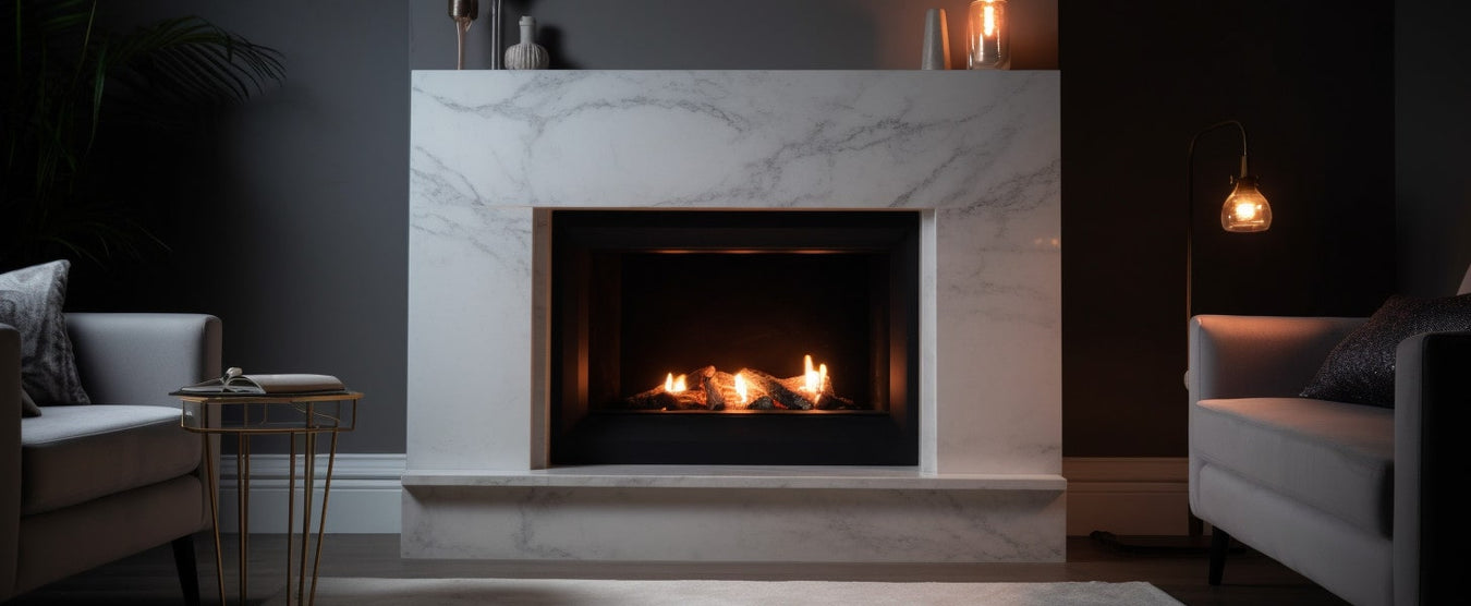 Marble electric fireplace in a dimly lit living room with fire glow