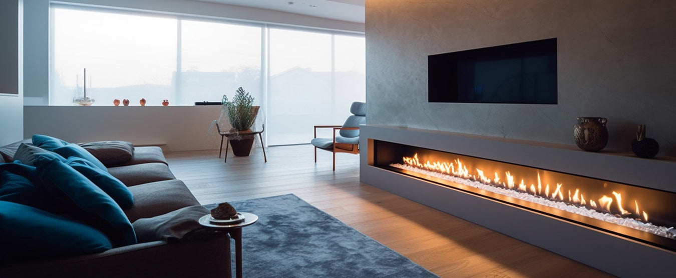 remote control fireplace in a modern lounge room with blue rug and comfy sofas