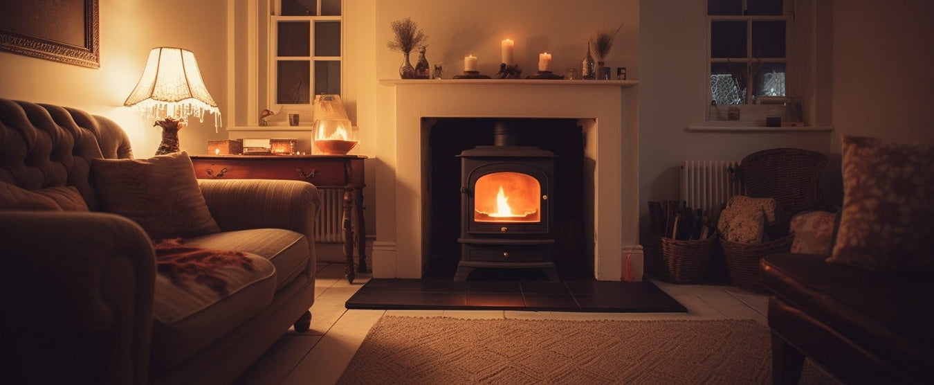 A stove fireplace with a stove in the fireplace in dimly lit lounge