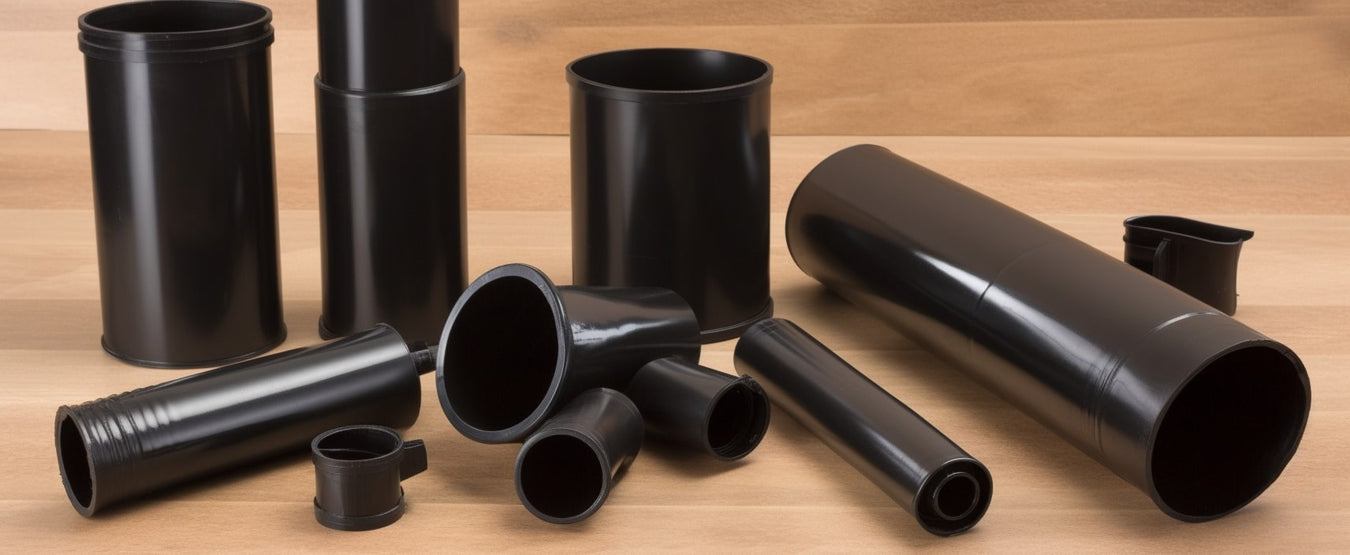 A selection of black stove pipes on a wooden floor