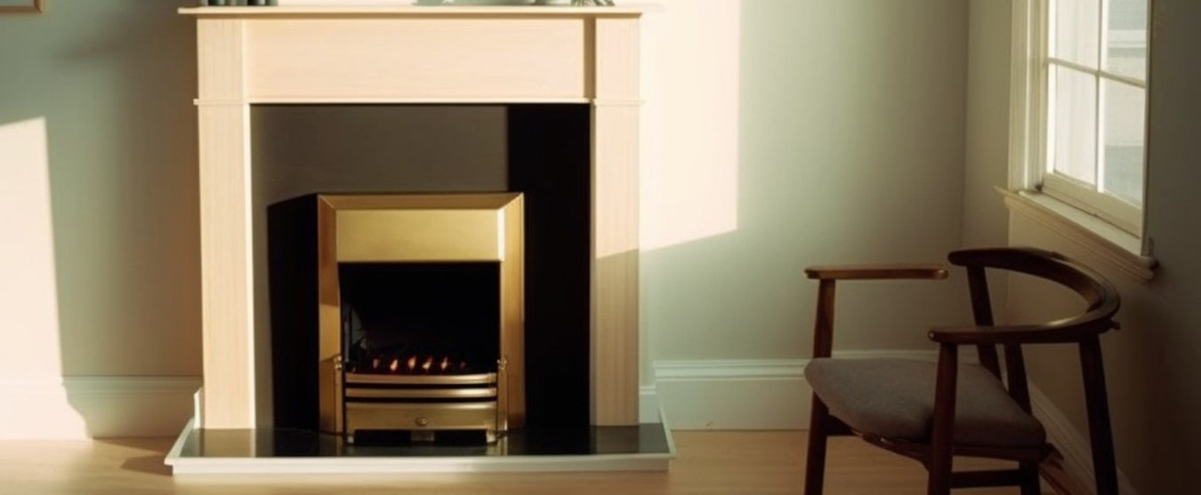 Wooden fireplace in a minimally furnished lounge with light shining in from the window