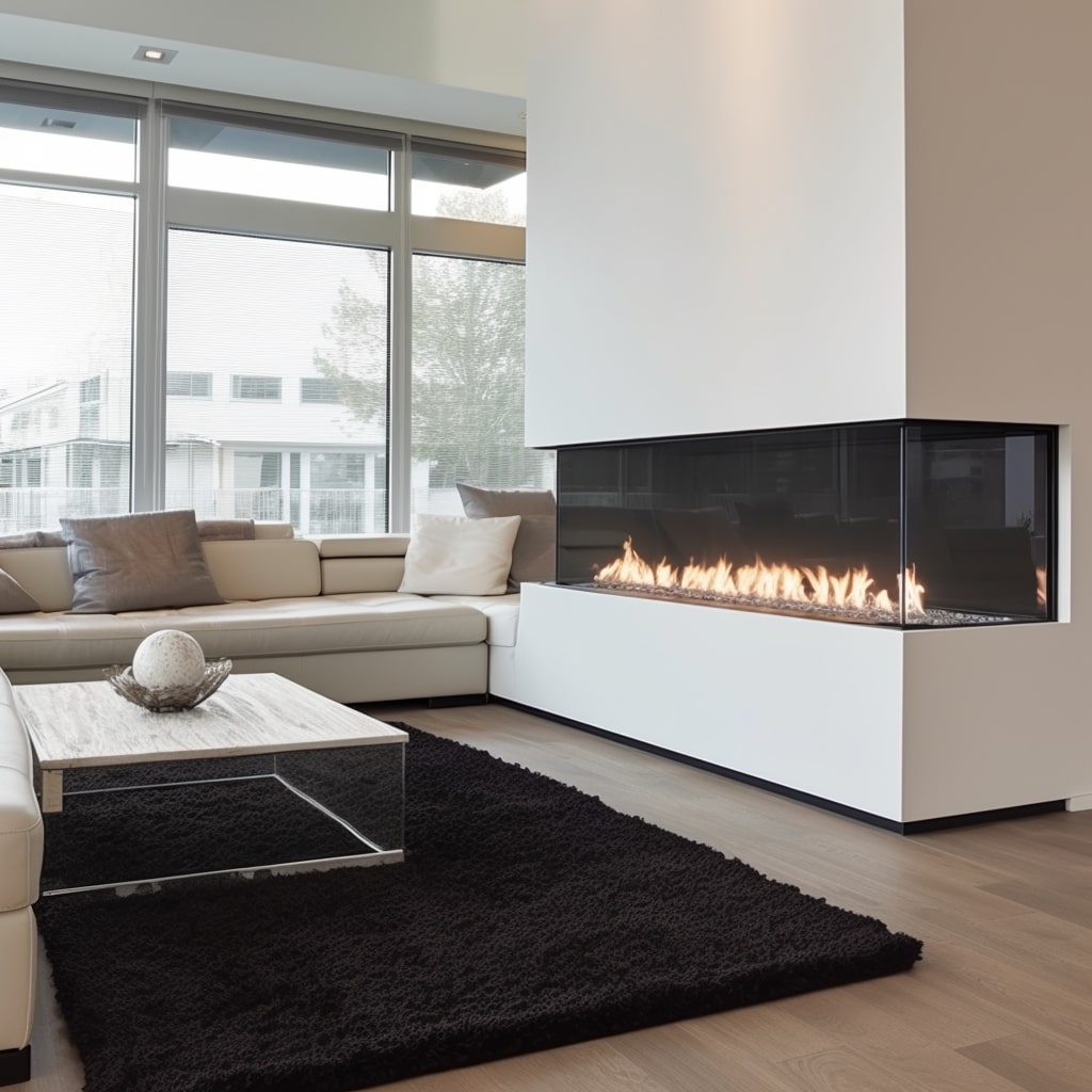 a 3 sided panoramic fire place in a modern living area