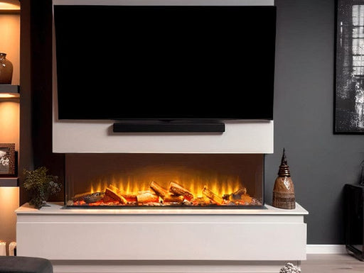 Acantha 125 panoramic fire with tv above and sound bar