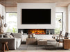 Acantha 100 panoramic media wall fire in a cream wall and a luxury lounge with windows