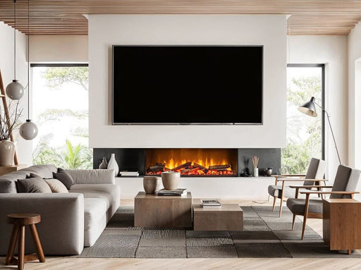 Acantha 100 panoramic media wall fire in a cream wall and a luxury lounge with windows