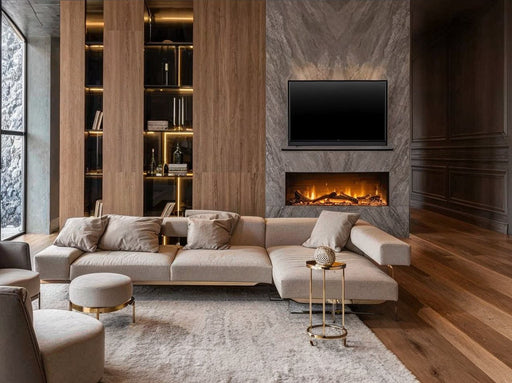 Acantha 100 fully inset media wall fire in a marble wall and a modern lounge with brown cream sofas