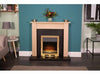 adam blenheim fire in brass style with a wooden surround and blue walls