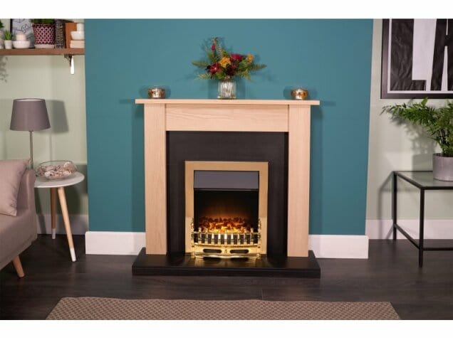 adam blenheim fire in brass style with a wooden surround and blue walls