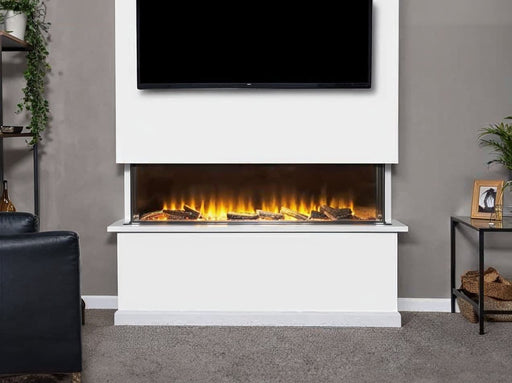 adam sahara 52 inch inset media fire in a grey living area with shelves either sides