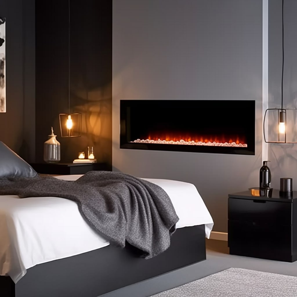 A wall fire in a modern bedroom in a hotel with white sheets and black fridge