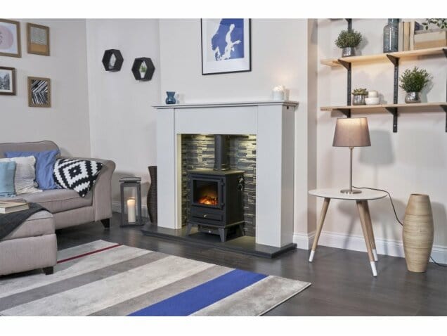 black adam hudson stove fire, white walls, brown sofa