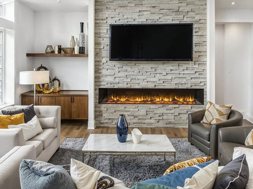 Acantha fully inset 200 fire in a wall with bricks and in a modern lounge