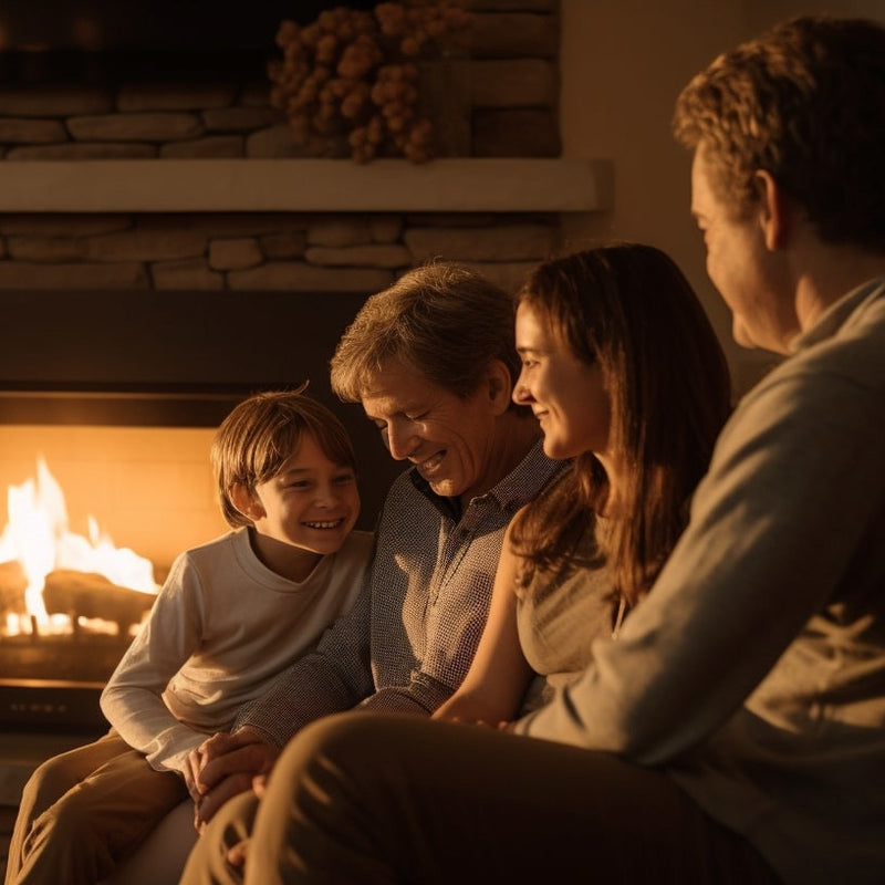 A child, grandparent, mother and dad sitting by a fire and enjoying each others company, smiles, happy