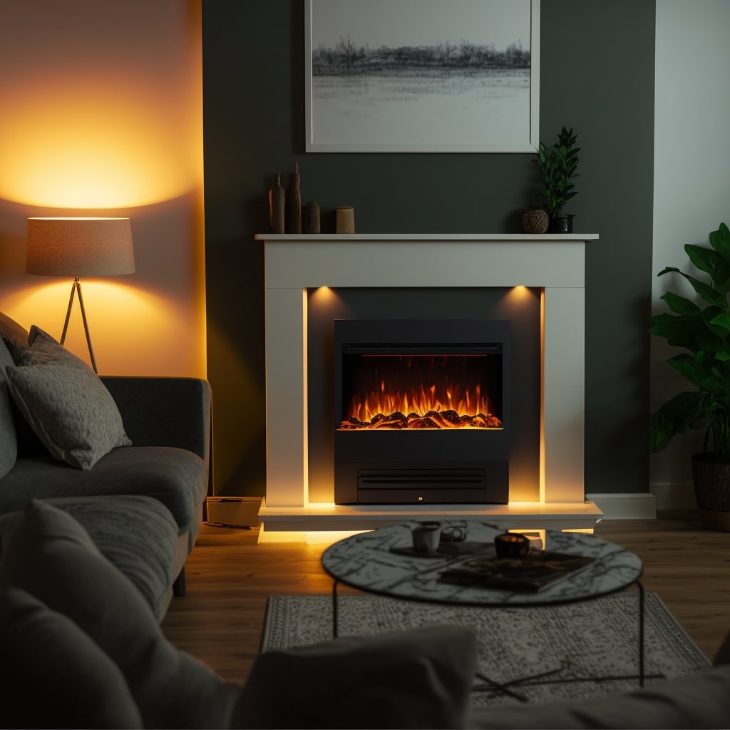 A inset fire that is in a white marble surround in a family living room