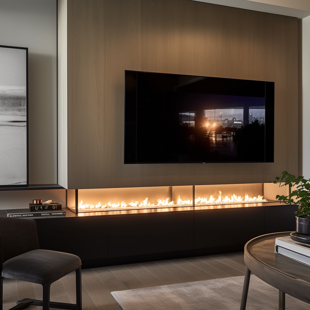 a media wall fire below a tv in a room with a modern look and grey furniture