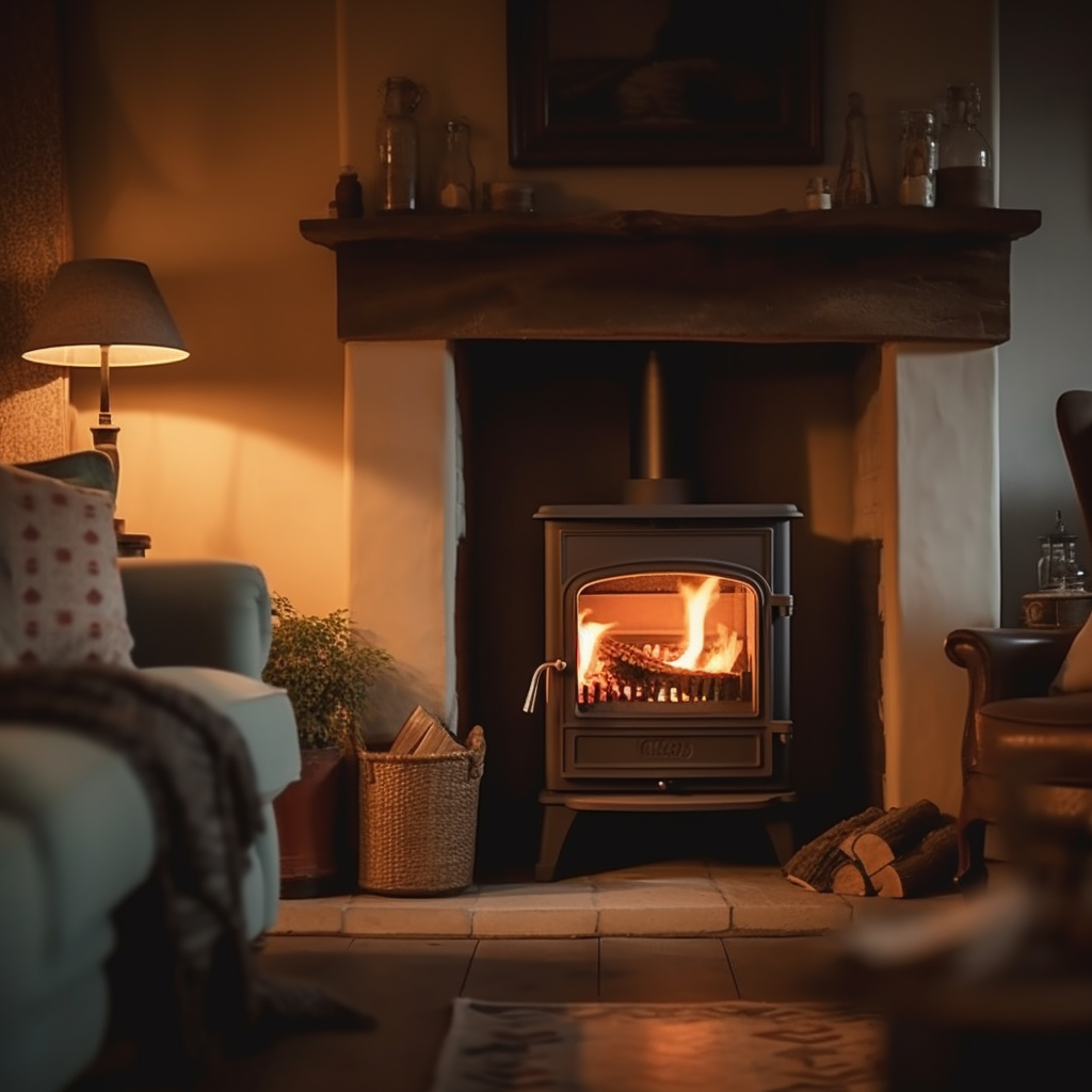 a stove fire in a quaint cottage with logs nearby and an ambiant warm glow