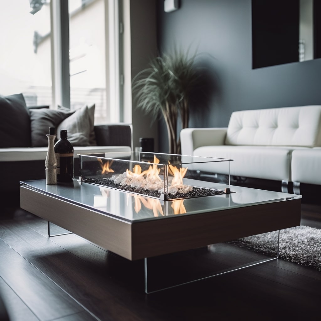 A tabletop fire in a moden lounge area with a wooden floor