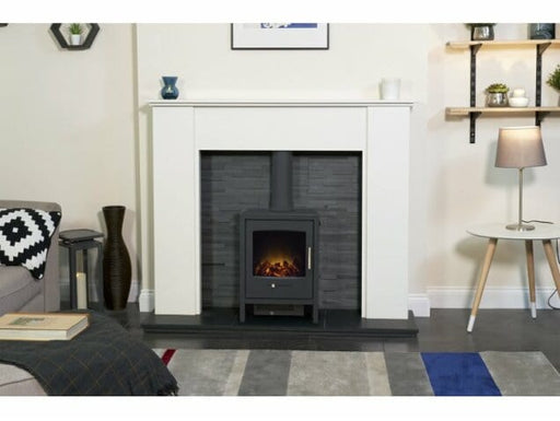 Adam Bergen Grey Electric Stove with pipe in a white surround