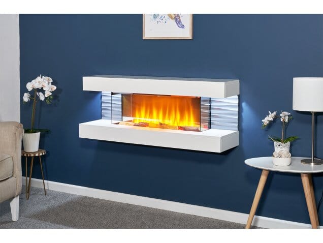 Sureflame WM-9332 White Electric Wall Mount Fireplace Suite with Downlights & Remote in Pure White