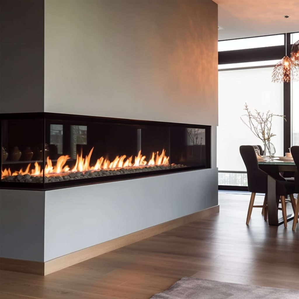 A panoramic corner fire with a grey wall and chairs plus wooden flooring