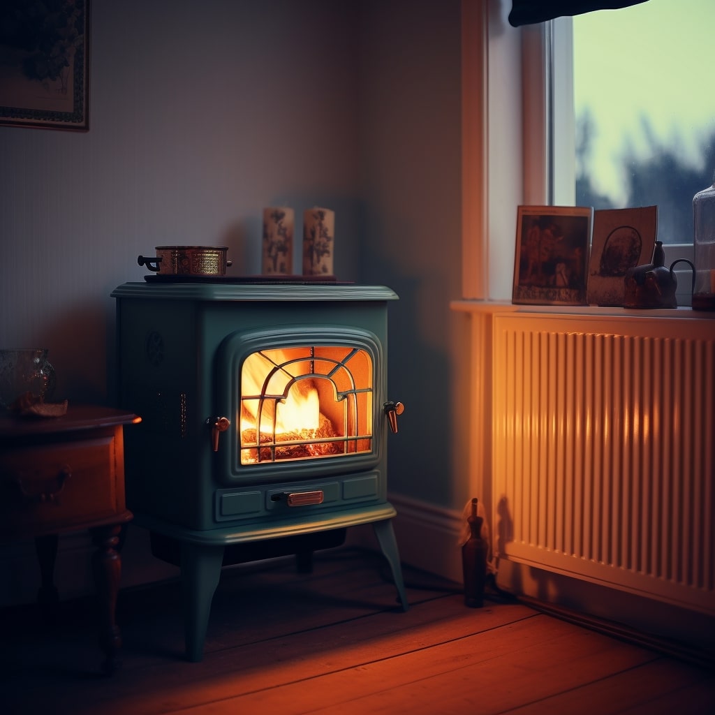 An electric stove fire in a bedroom in a cottage by a radiator with a warm glow