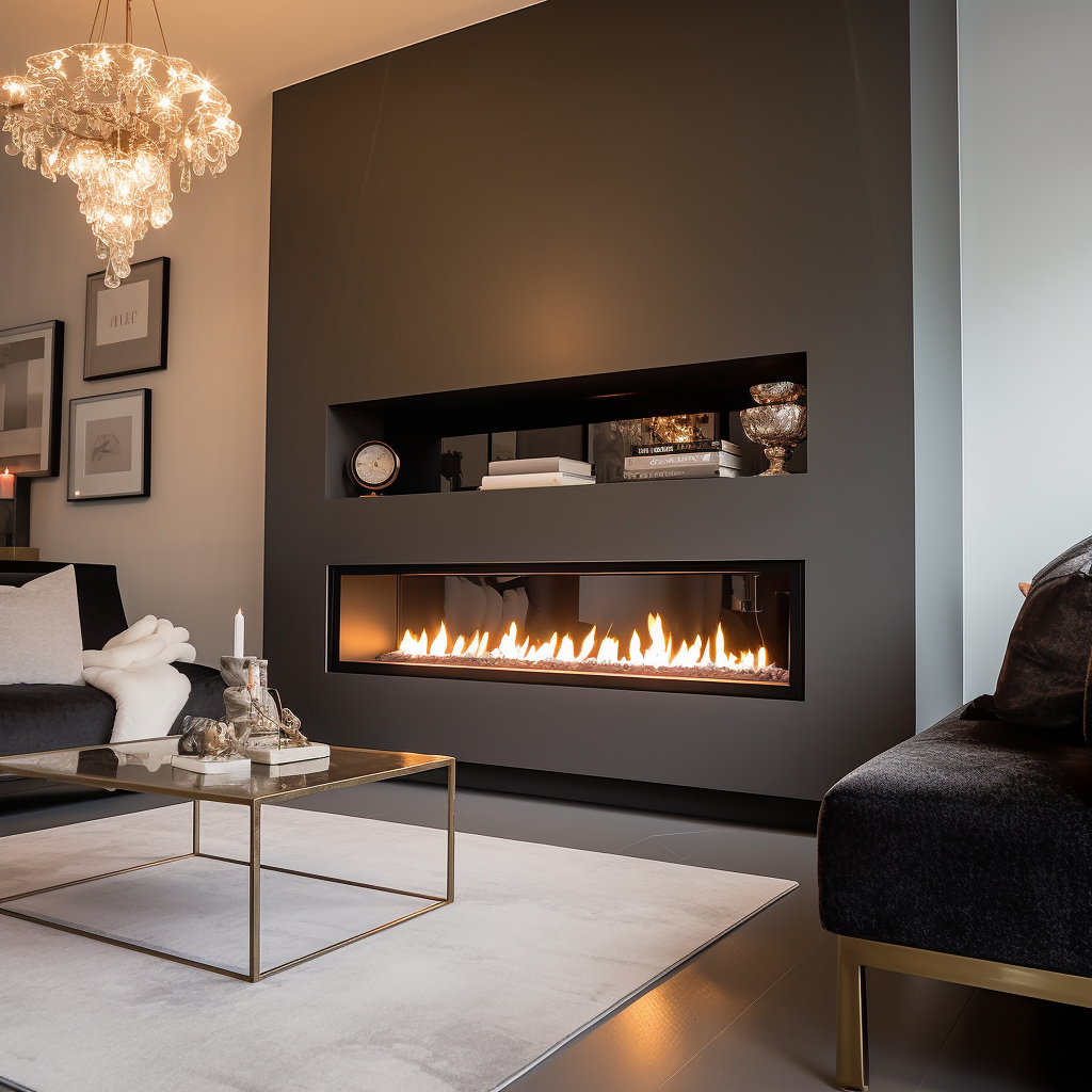 a modern bioethanol fireplace in the wall, with a chandelier and posh furniture