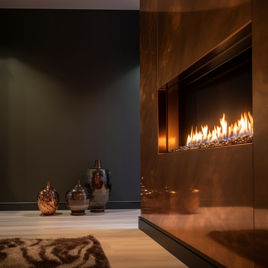 a wall inset fire in a spa type room with warm ambiant lighting