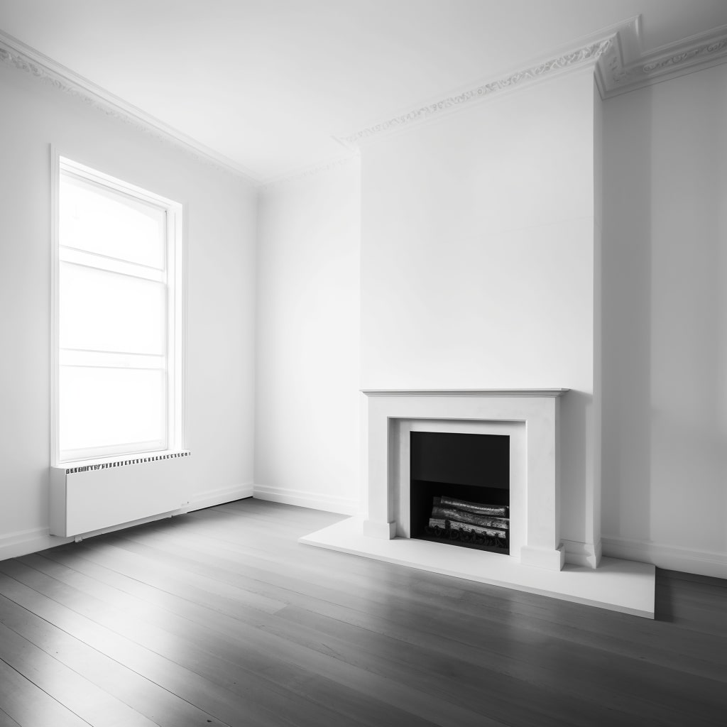 a white fireplace surround, with white walls, a white radiator and grey wooden flooring