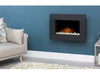 black pebbled adam wall mounted fire called carina on a blue wall