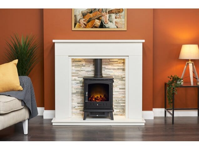 living room with acantha amalfi white marble fireplace and aviemore electric stove