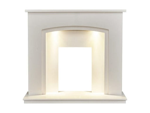 Acantha Granada white marble fireplace with white background front view